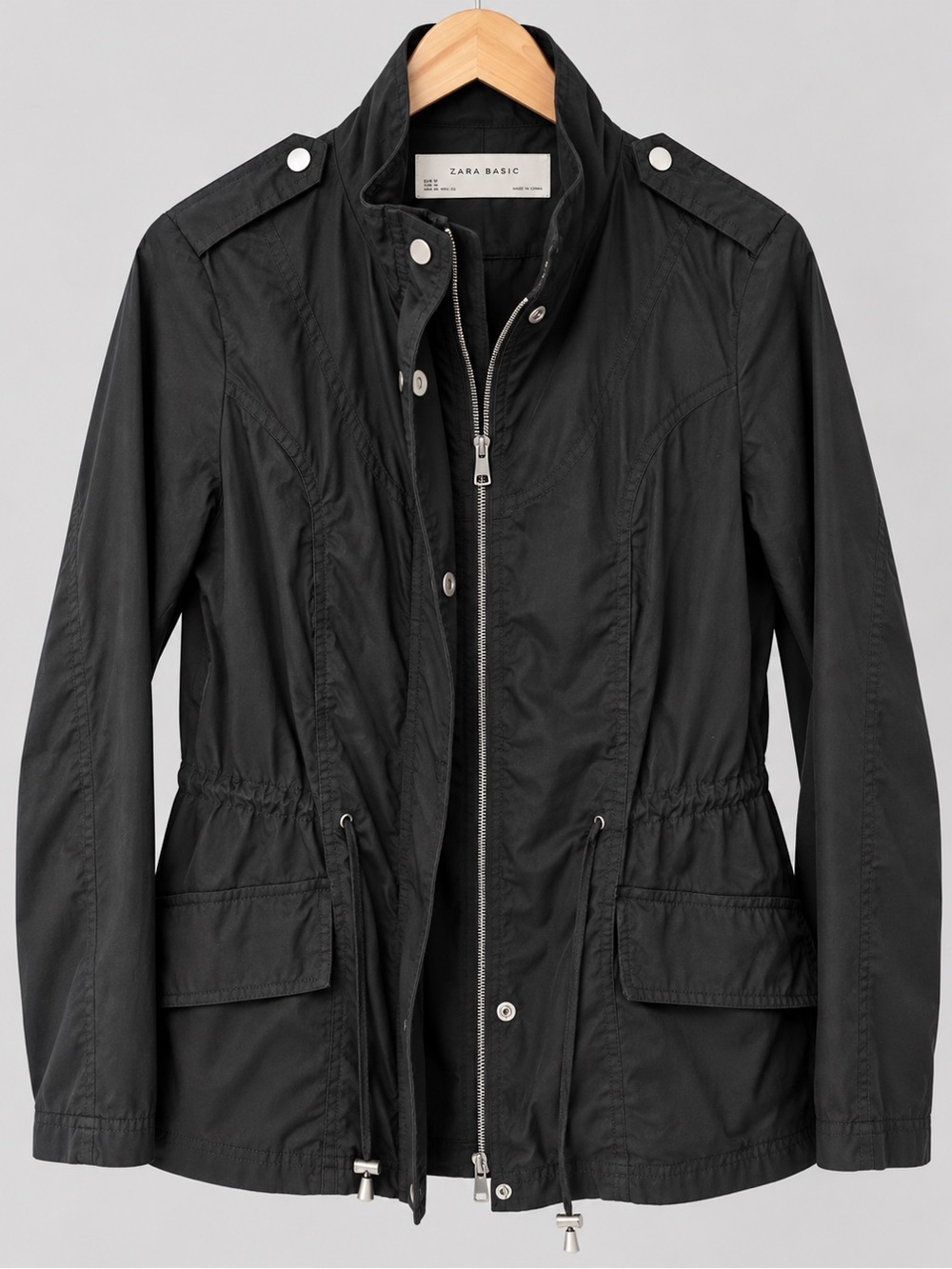 Zara Basic Black Utility Jacket High Neck Zip & Snap Drawstring Waist Size L